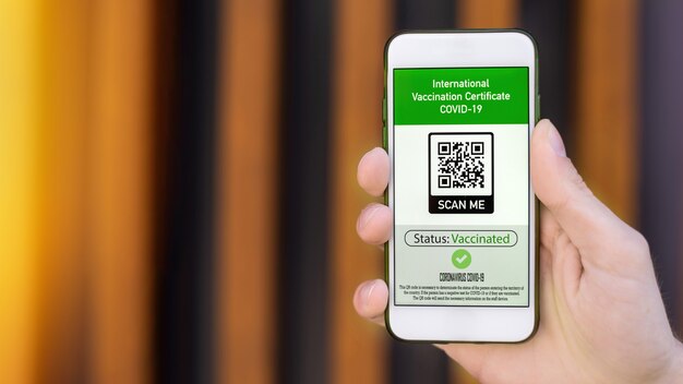 Male hand holding a smartphone with International Vaccination Certificate COVID-19 QR code