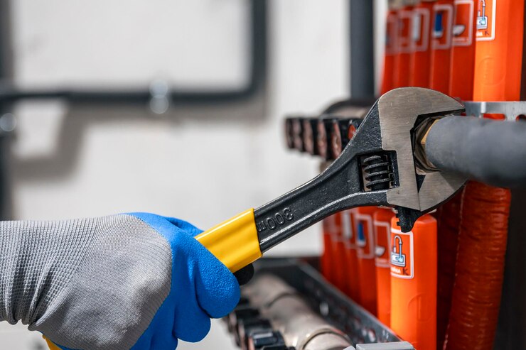 Free Photo male hands with a wrench turning off valves