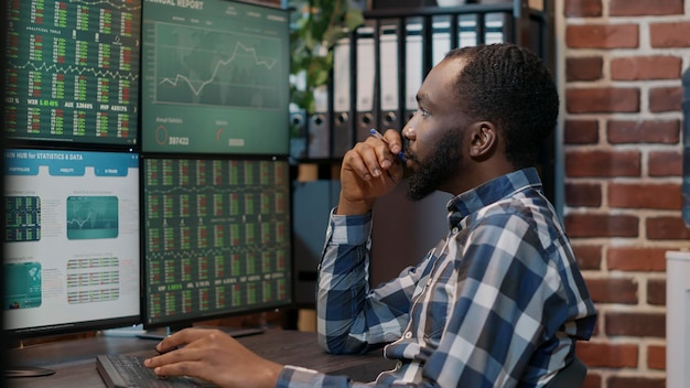 Male investor brainstorming ideas to create stock trading profit, feeling pensive and thinking about financial solution to help with profit growth. Forex exchange sales, banking investment.