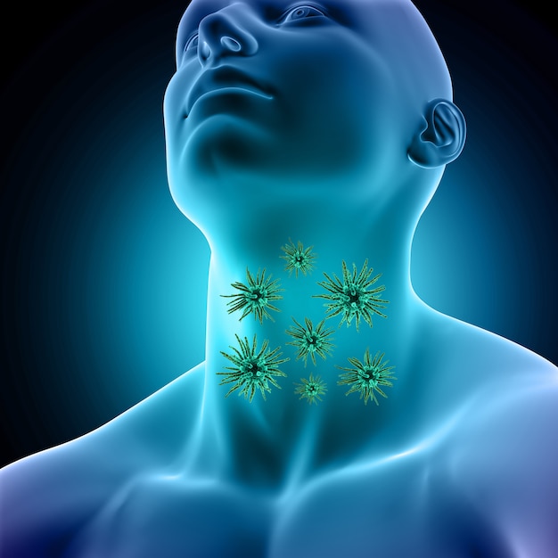 Free photo male medical figure with sore throat and virus cells