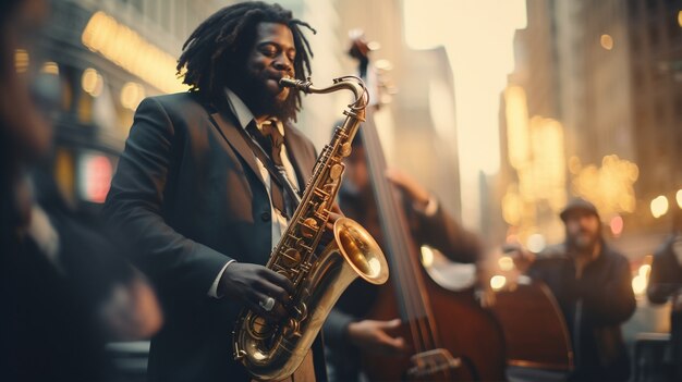 Male musician playing the saxophone in new york city