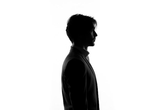 Male person silhouette in strict suit side view shadow back lit white background