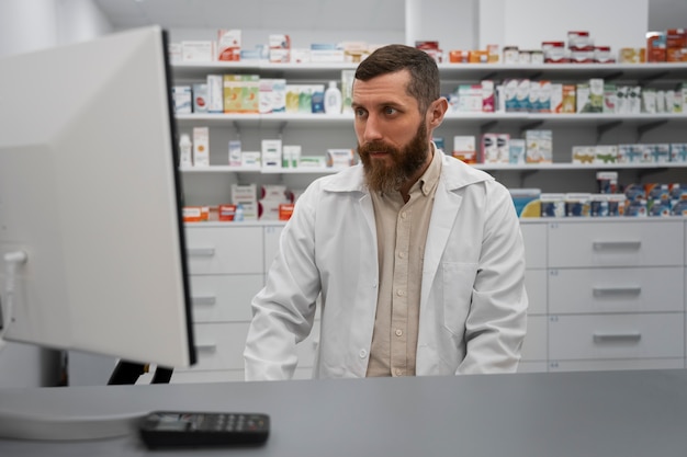 Бесплатное фото Фармацевт-мужчина, работающий в аптеке