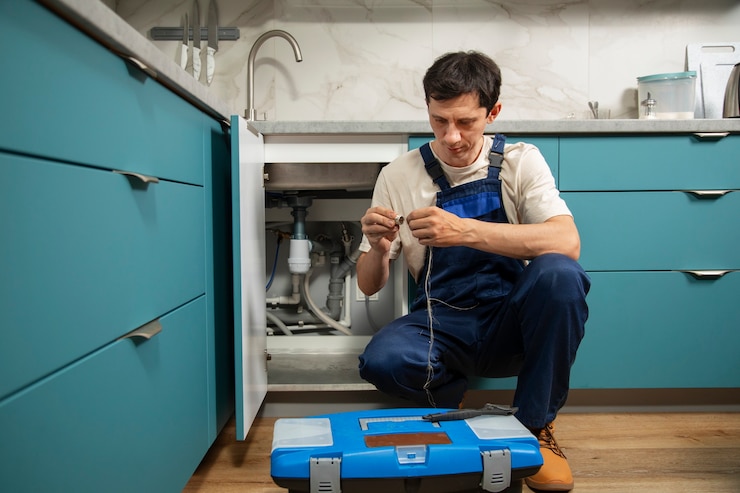 Free Photo male plumber working to fix problems at client's house