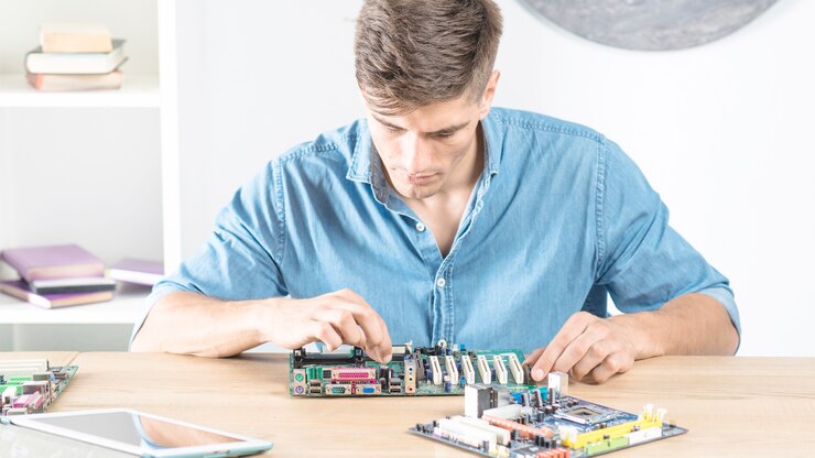 Free Photo male repair it technician upgrading the motherboard