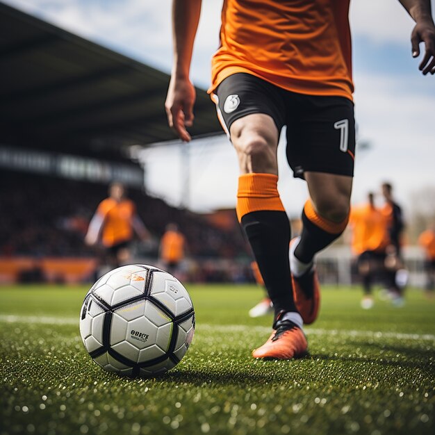 Male soccer player with ball on the grass field