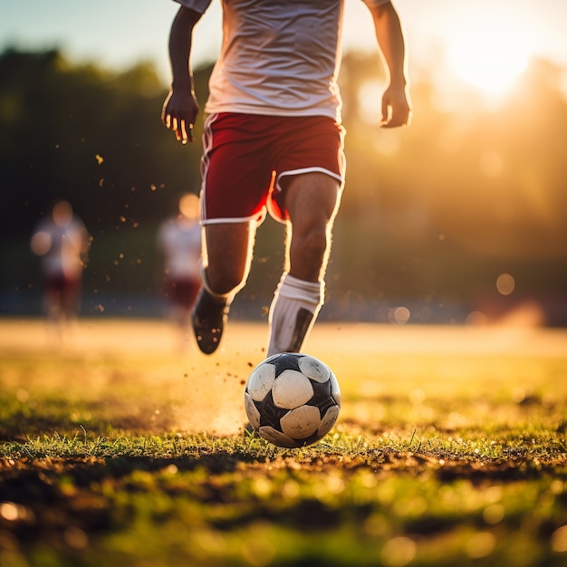 Free photo male soccer player with ball on the grass field