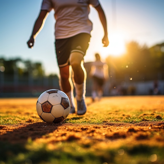 Male soccer player with ball on the grass field