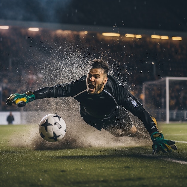 芝生のフィールドでボールを持つ男性サッカー選手