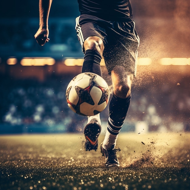 Male soccer player with ball on the grass field