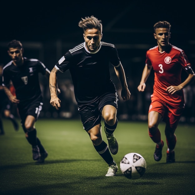 Male soccer player with ball on the grass field