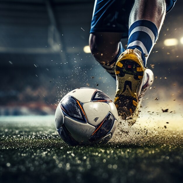 Male soccer player with ball on the grass field