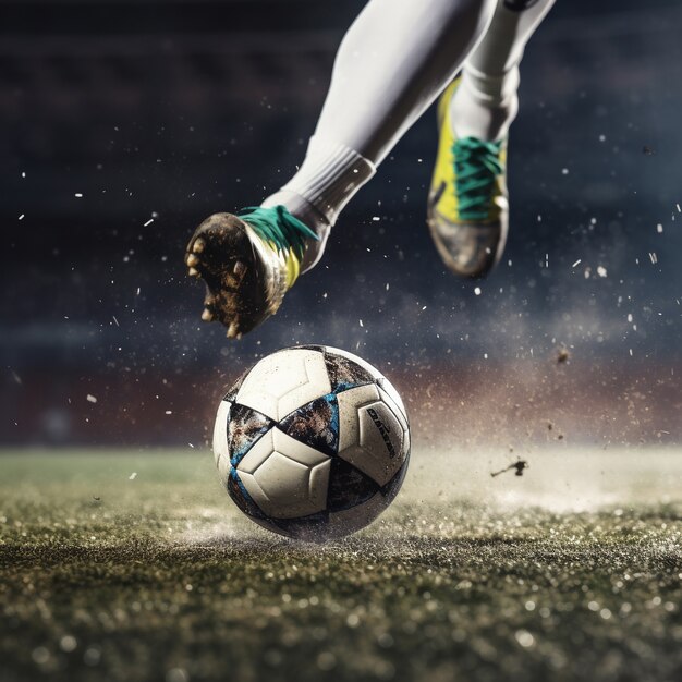 Male soccer player with ball on the grass field