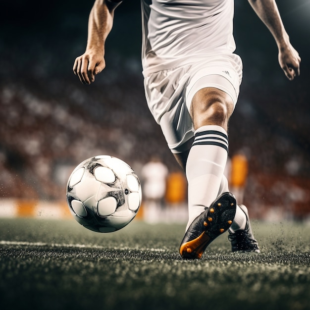 Male soccer player with ball on the grass field