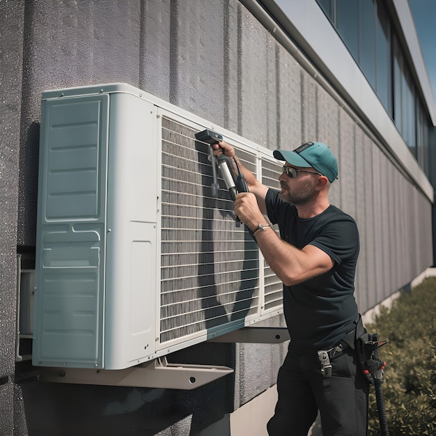 Free photo male technician installing air conditioner on the facade of a building