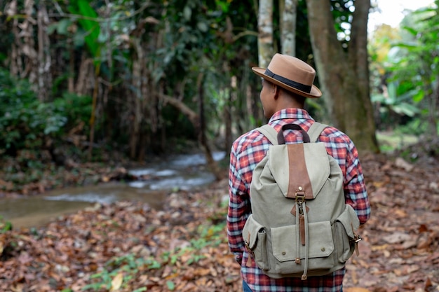 Male tourists are enjoying the forest.