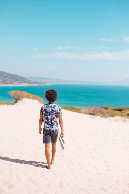 Male walking barefoot on seashore