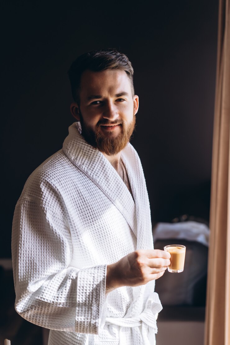Free Photo male in white bathrobe with coffee mug in hand.