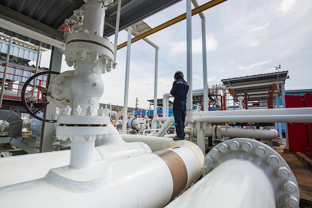 目視​検査​記録​パイプライン​石油​および​ガス​産業​の​製油所​バルブ中​の​ステーション​石油​工場​の​鋼製​ロング​パイプ​および​パイプエルボ​で​の​男性​労働者​の​検査​。