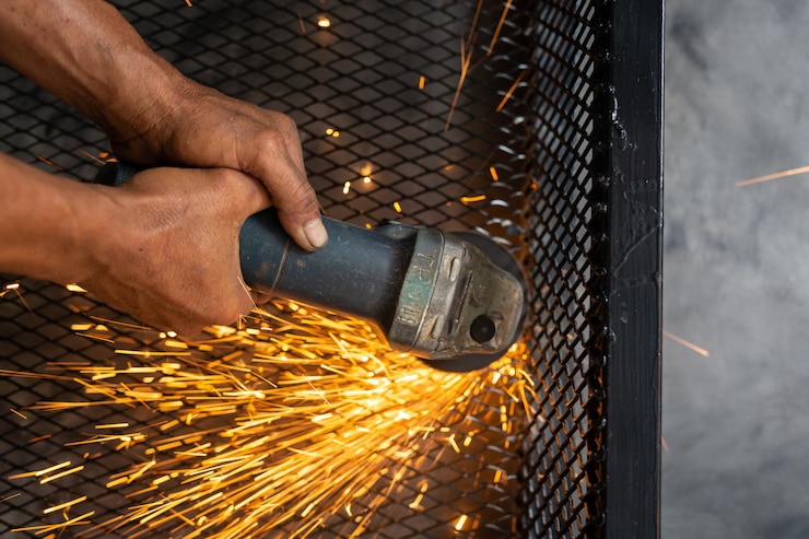 Free Photo male workers cut and weld metal with spark.