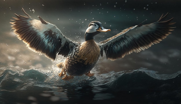 Free photo mallard duck in mid air flying over pond generated by ai