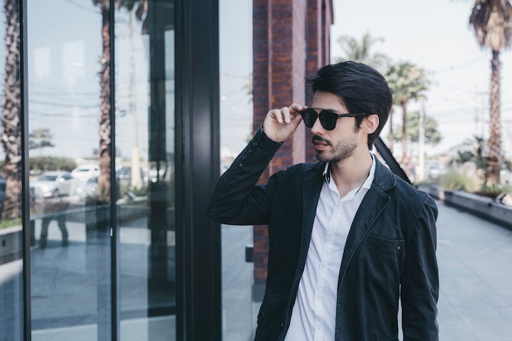 Free Photo man adjusting sunglasses near glass wall