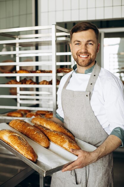 Man baker with fresh bread at baker house