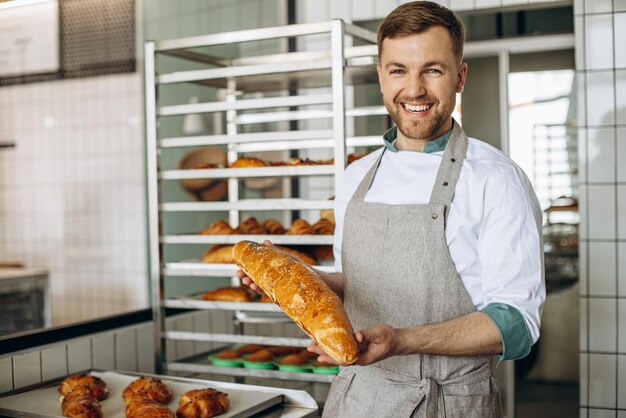 Man baker with fresh bread at baker house