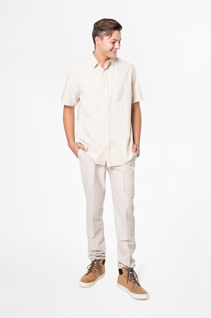 Man in beige shirt and pants casual wear fashion full body