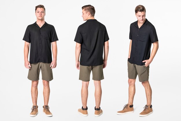 Man in black shirt and shorts casual wear fashion