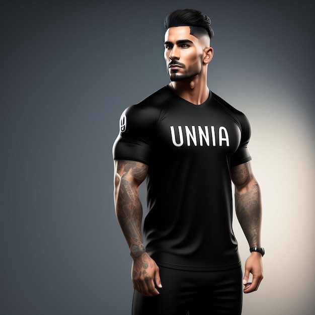 A man in a black shirt with the word unnana on it