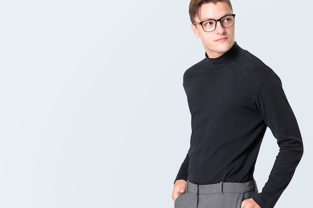 Free photo man in black turtleneck t-shirt with design space