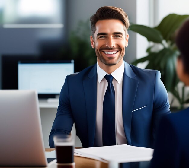 A man in a blue suit is smiling at a woman in a blue suit.