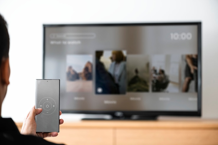 Free Photo man changing tv channel by his smartphone