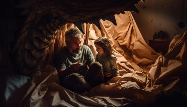 A man and a child sit in a cave with a dinosaur head on the wall.