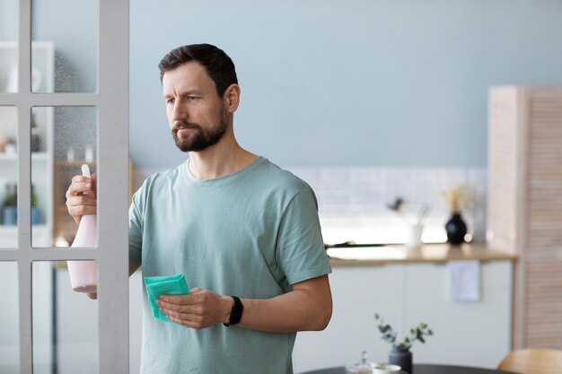 Man cleaning door