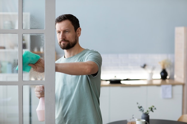 Man cleaning door