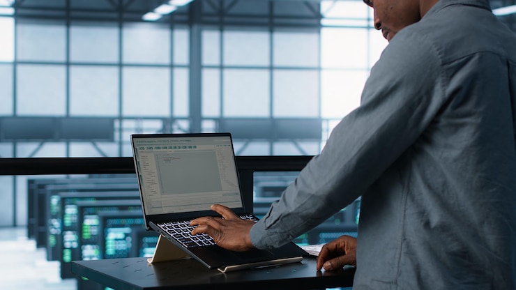 Free Photo man coding on data center testing failover scenarios using notebook
