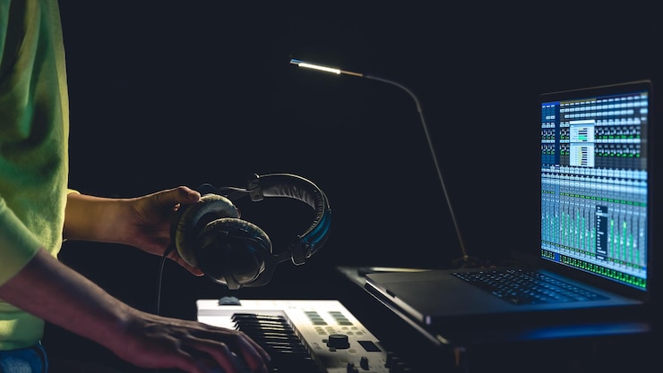 Free Photo a man composer producer arranger songwriter musician hands arranging music