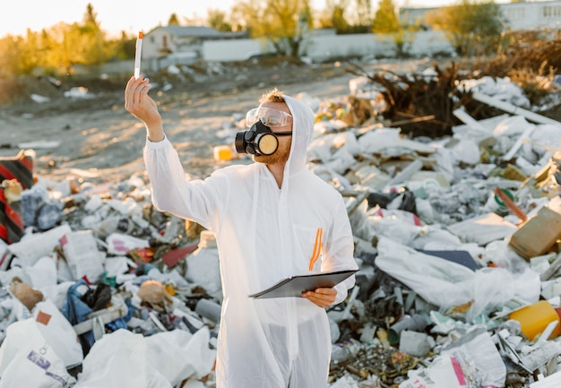 Man in coveralls at trash pill. Doing research. Concept of ecology, environmental pollution.
