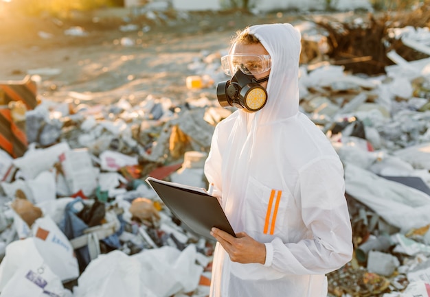 Man in coveralls at trash pill. doing research. concept of ecology, environmental pollution