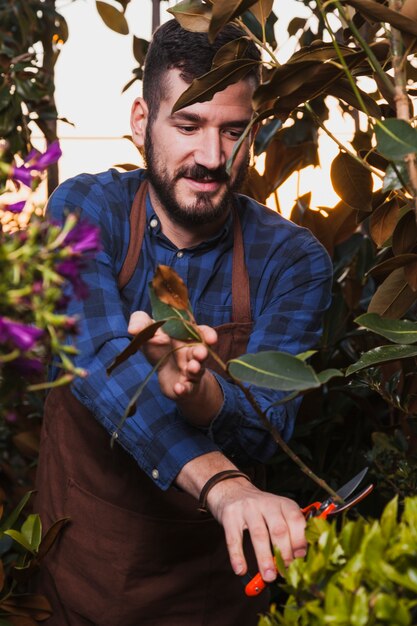 Man cutting twigs with pruner