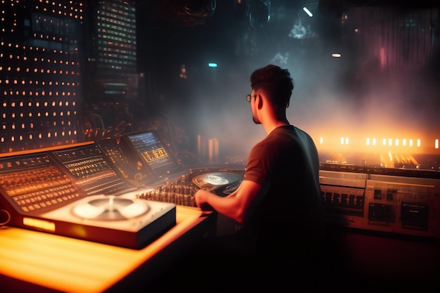 Free photo a man in a dark room with a dj booth and a screen that says'dj'on it