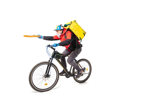 Man delivers food during isolation, wearing gloves and face mask