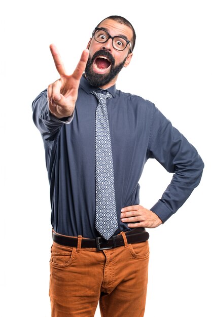 Man doing victory gesture