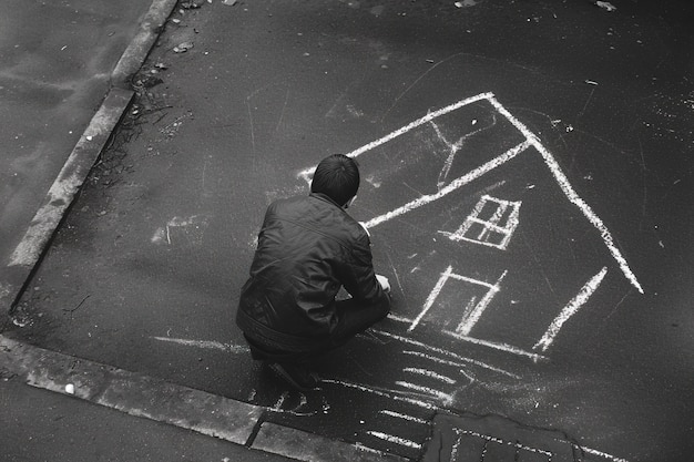 無料写真 床にチョークで家を描いている男