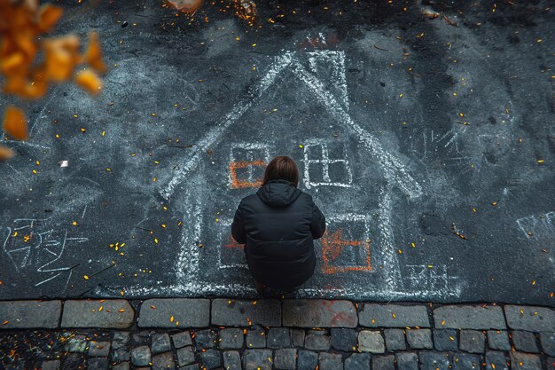 Man drawing a house with chalk on the floor