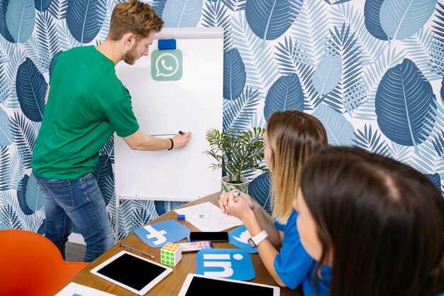 Man drawing whatsup graph on flipchart