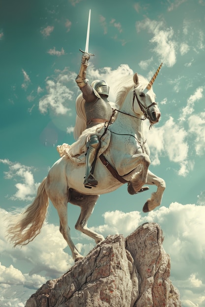 Free photo man on dreamy unicorn in nature