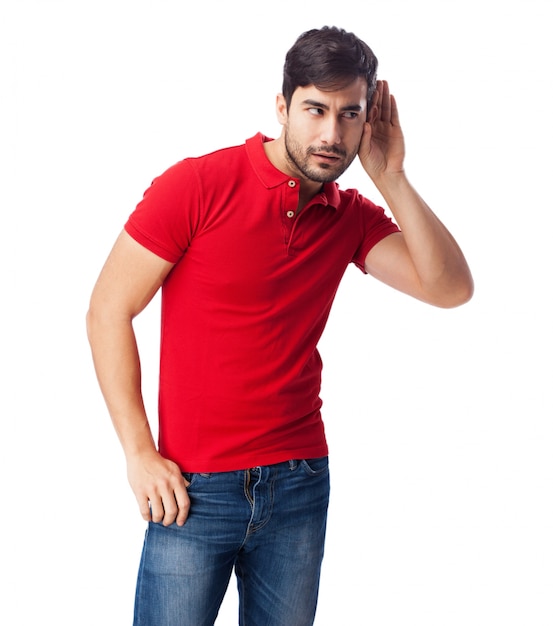 Man dressed in red doing not listening